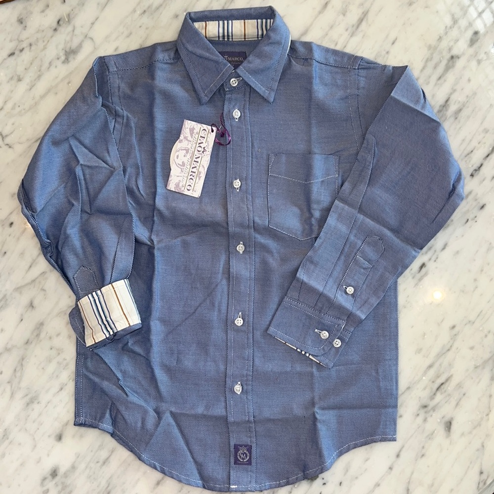 New Ciao Marco Boys Blue Striped Button Down Shirt With Cream Striped Cuff Trim
